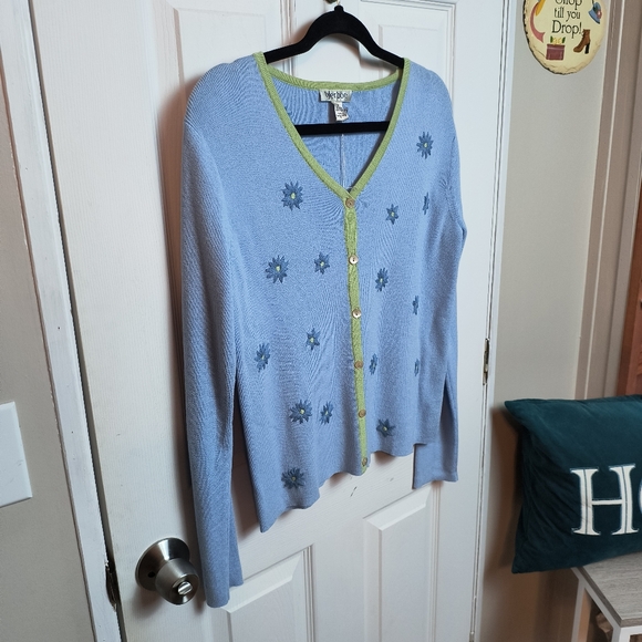 Vtg TYLER BOE Women's Floral Embroidery Ribbed Sweater Blue Button Cottagecore S - Picture 2 of 7